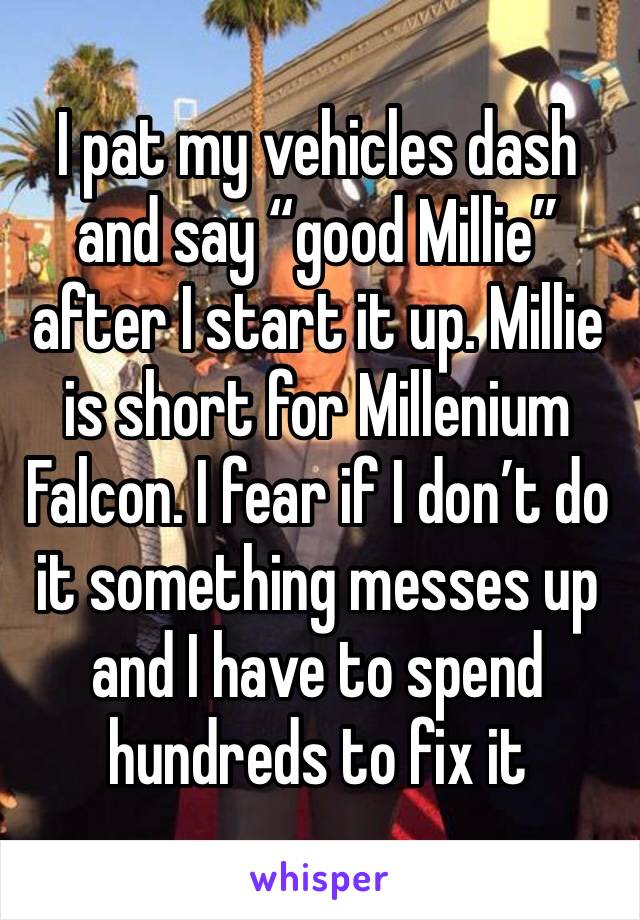 I pat my vehicles dash and say “good Millie” after I start it up. Millie is short for Millenium Falcon. I fear if I don’t do it something messes up and I have to spend hundreds to fix it