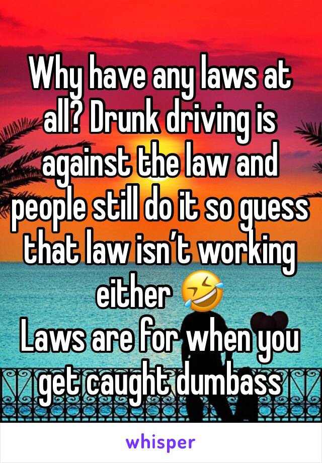 Why have any laws at all? Drunk driving is against the law and people still do it so guess that law isn’t working either 🤣
Laws are for when you get caught dumbass