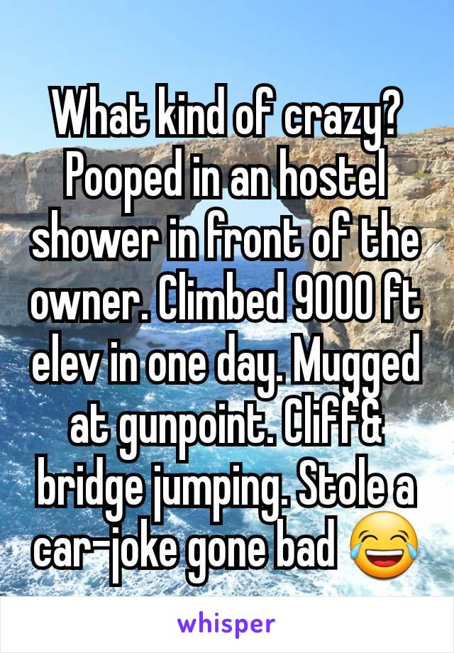 What kind of crazy? Pooped in an hostel shower in front of the owner. Climbed 9000 ft elev in one day. Mugged at gunpoint. Cliff& bridge jumping. Stole a car-joke gone bad 😂