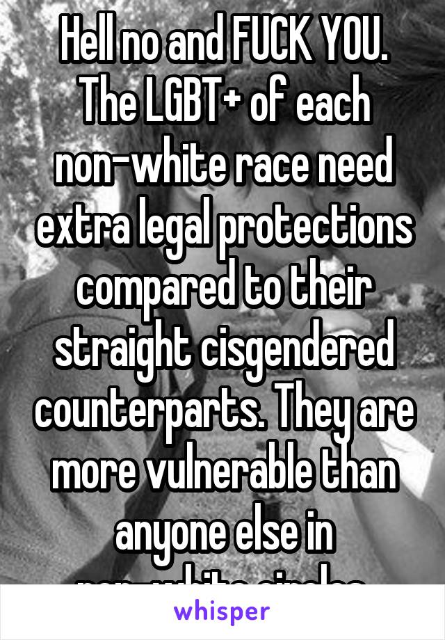 Hell no and FUCK YOU. The LGBT+ of each non-white race need extra legal protections compared to their straight cisgendered counterparts. They are more vulnerable than anyone else in non-white circles.