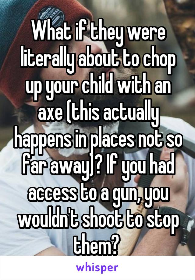 What if they were literally about to chop up your child with an axe (this actually happens in places not so far away)? If you had access to a gun, you wouldn't shoot to stop them? 