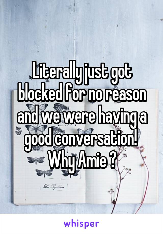 Literally just got blocked for no reason and we were having a good conversation! 
Why Amie ?