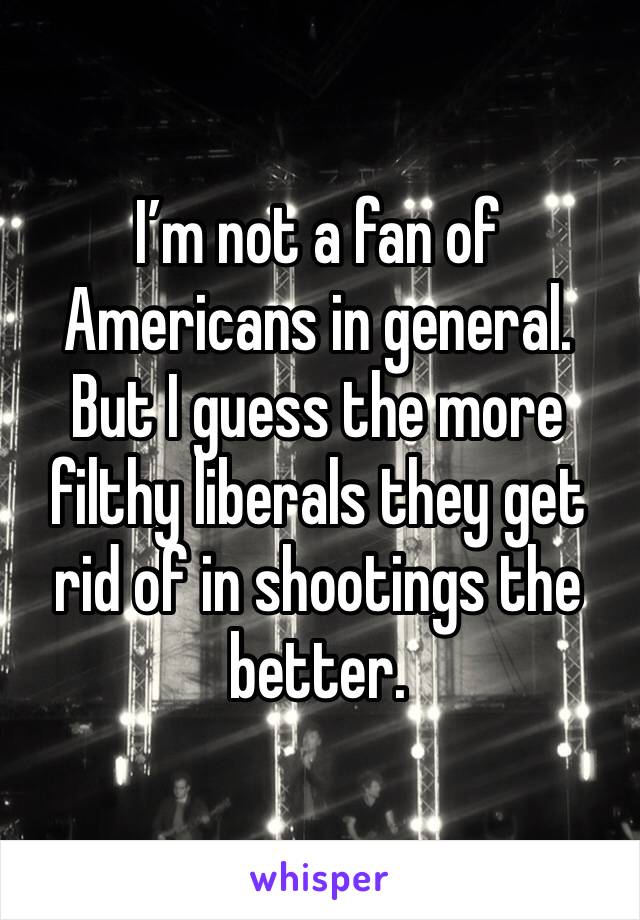 I’m not a fan of Americans in general.
But I guess the more filthy liberals they get rid of in shootings the better.