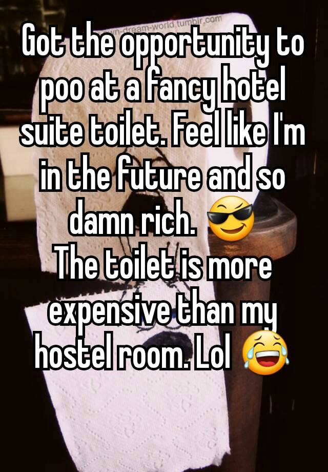 Got the opportunity to poo at a fancy hotel suite toilet. Feel like I'm in the future and so damn rich. 😎
The toilet is more expensive than my hostel room. Lol 😂