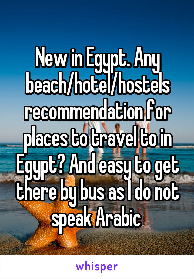 New in Egypt. Any beach/hotel/hostels recommendation for places to travel to in Egypt? And easy to get there by bus as I do not speak Arabic 