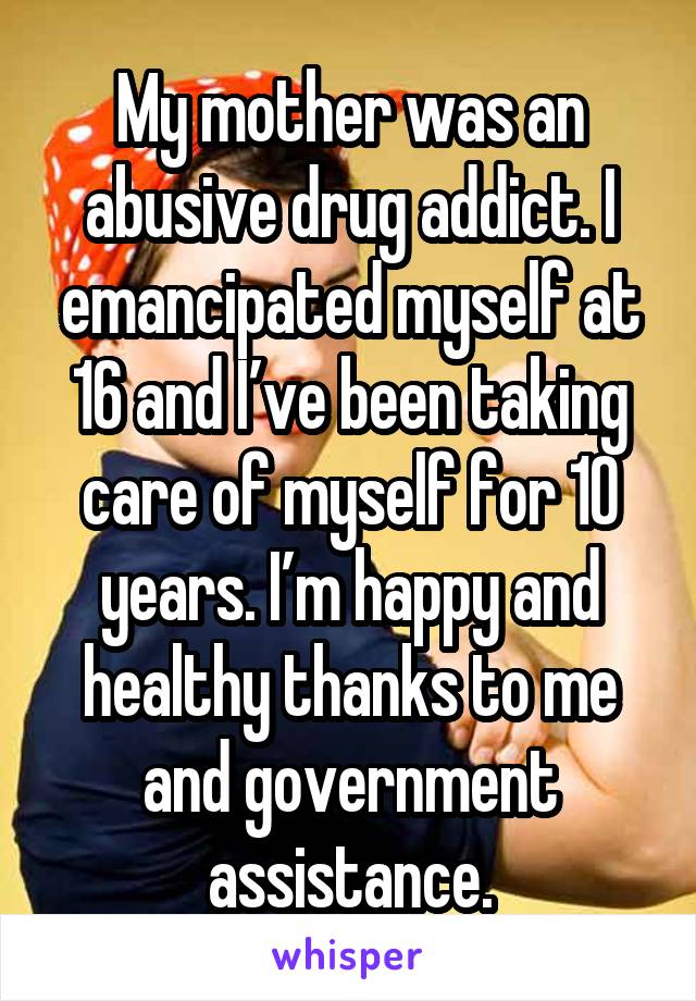 My mother was an abusive drug addict. I emancipated myself at 16 and I’ve been taking care of myself for 10 years. I’m happy and healthy thanks to me and government assistance.