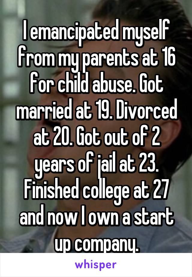 I emancipated myself from my parents at 16 for child abuse. Got married at 19. Divorced at 20. Got out of 2 years of jail at 23. Finished college at 27 and now I own a start up company.