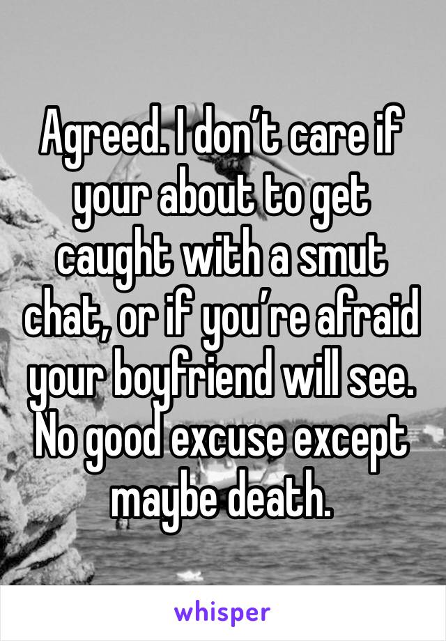 Agreed. I don’t care if your about to get caught with a smut chat, or if you’re afraid your boyfriend will see. No good excuse except maybe death.