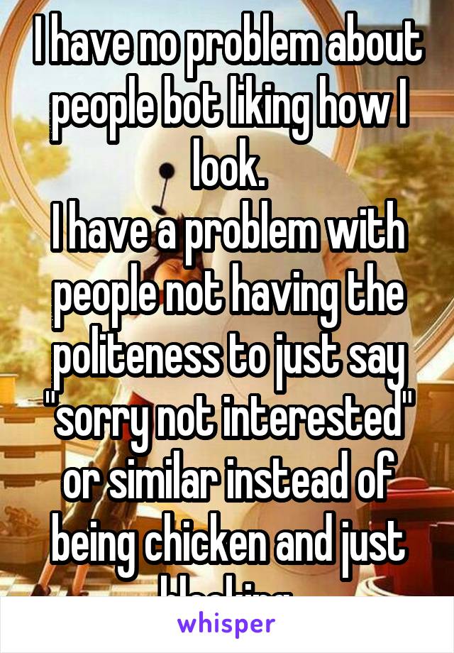 I have no problem about people bot liking how I look.
I have a problem with people not having the politeness to just say "sorry not interested" or similar instead of being chicken and just blocking.