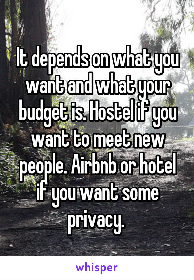 It depends on what you want and what your budget is. Hostel if you want to meet new people. Airbnb or hotel if you want some privacy. 