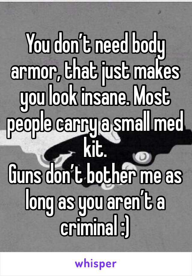 You don’t need body armor, that just makes you look insane. Most people carry a small med kit. 
Guns don’t bother me as long as you aren’t a criminal :) 