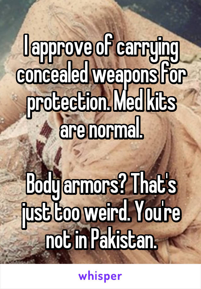 I approve of carrying concealed weapons for protection. Med kits are normal.

Body armors? That's just too weird. You're not in Pakistan.