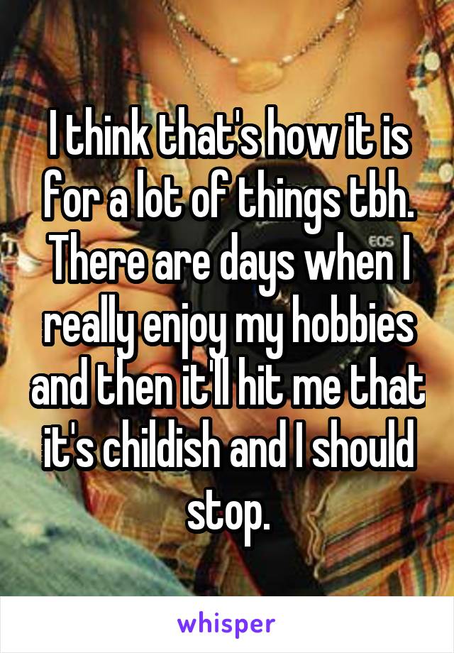 I think that's how it is for a lot of things tbh. There are days when I really enjoy my hobbies and then it'll hit me that it's childish and I should stop.