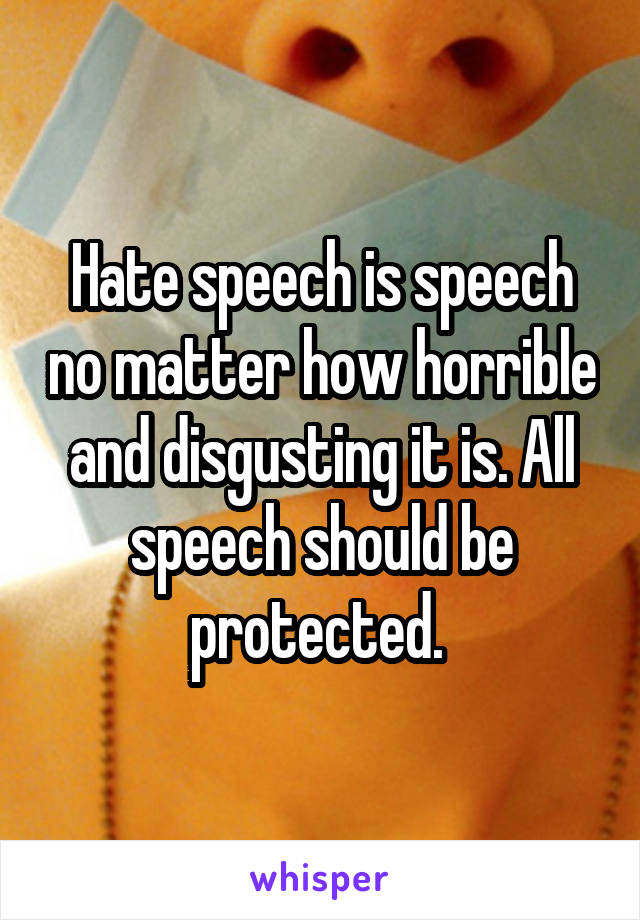 Hate speech is speech no matter how horrible and disgusting it is. All speech should be protected. 