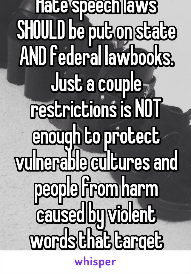 Hate speech laws SHOULD be put on state AND federal lawbooks. Just a couple restrictions is NOT enough to protect vulnerable cultures and people from harm caused by violent words that target them.