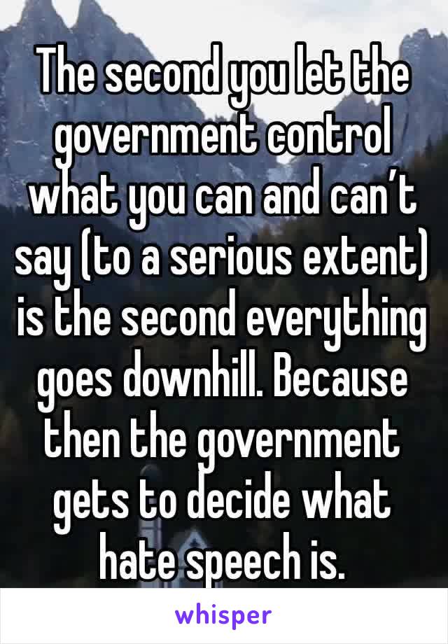 The second you let the government control what you can and can’t say (to a serious extent) is the second everything goes downhill. Because then the government gets to decide what hate speech is.