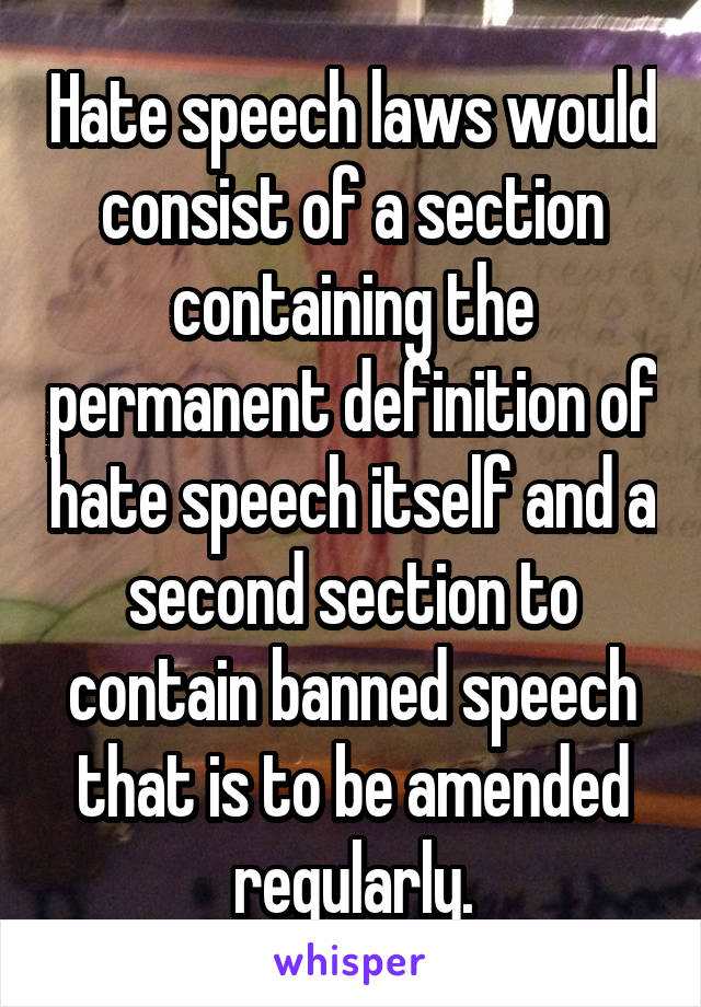 Hate speech laws would consist of a section containing the permanent definition of hate speech itself and a second section to contain banned speech that is to be amended regularly.