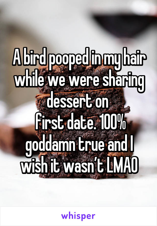A bird pooped in my hair while we were sharing dessert on 
 first date. 100% goddamn true and I wish it wasn’t LMAO