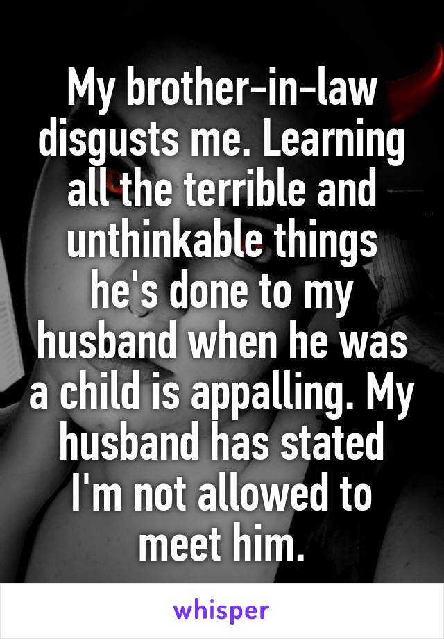 My brother-in-law disgusts me. Learning all the terrible and unthinkable things he's done to my husband when he was a child is appalling. My husband has stated I'm not allowed to meet him.