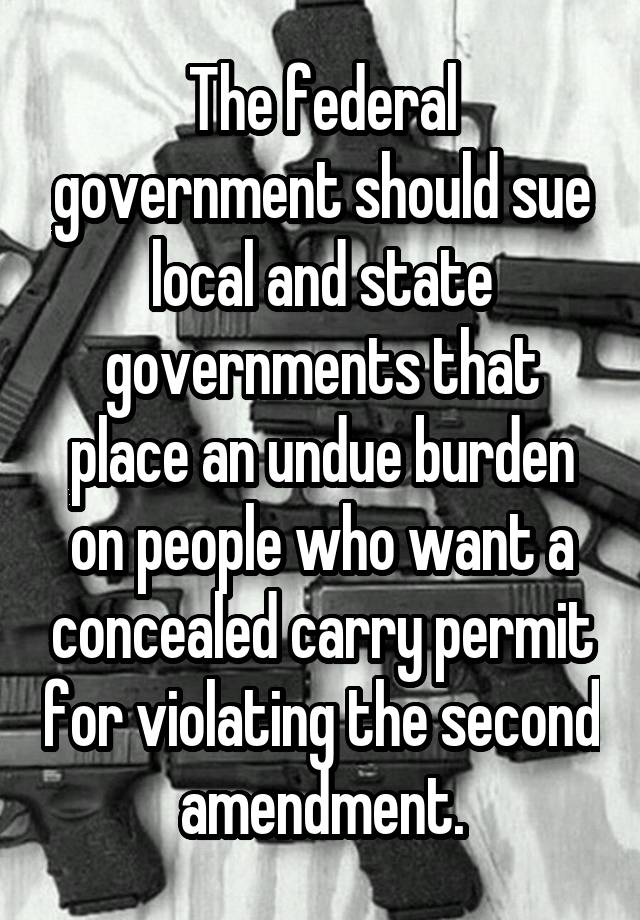 The federal government should sue local and state governments that place an undue burden on people who want a concealed carry permit for violating the second amendment.