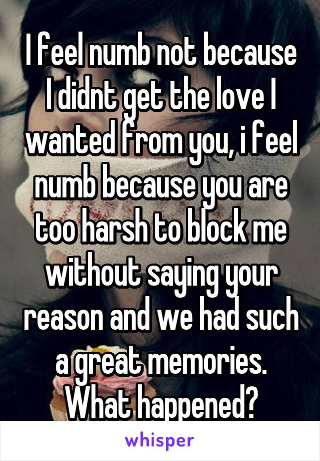 I feel numb not because I didnt get the love I wanted from you, i feel numb because you are too harsh to block me without saying your reason and we had such a great memories. What happened?