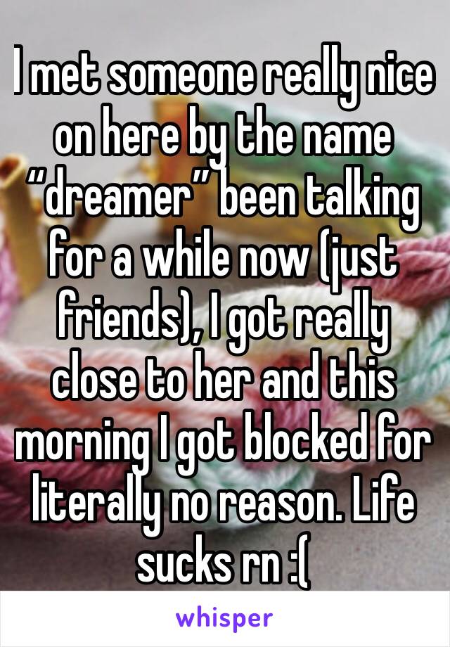 I met someone really nice on here by the name “dreamer” been talking for a while now (just friends), I got really close to her and this morning I got blocked for literally no reason. Life sucks rn :(