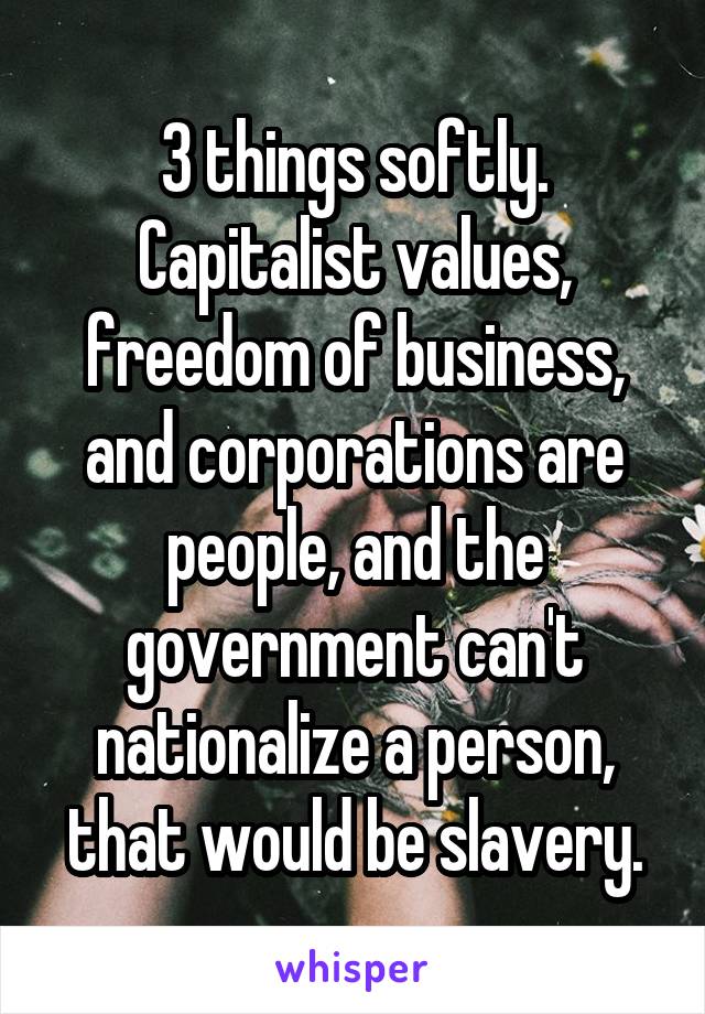 3 things softly. Capitalist values, freedom of business, and corporations are people, and the government can't nationalize a person, that would be slavery.