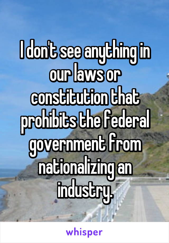 I don't see anything in our laws or constitution that prohibits the federal government from nationalizing an industry.