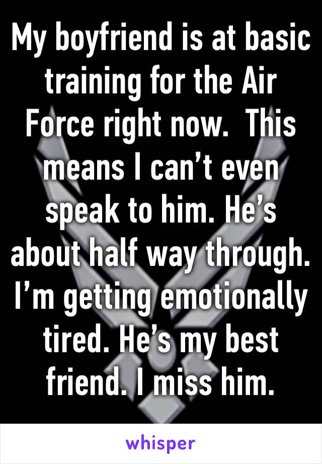 My boyfriend is at basic training for the Air Force right now.  This means I can’t even speak to him. He’s about half way through.  I’m getting emotionally tired. He’s my best friend. I miss him.
