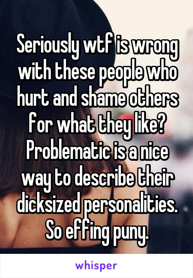 Seriously wtf is wrong with these people who hurt and shame others for what they like? Problematic is a nice way to describe their dicksized personalities. So effing puny.