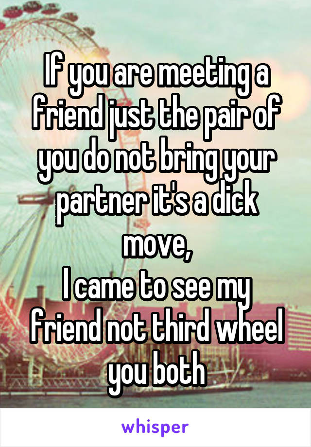 If you are meeting a friend just the pair of you do not bring your partner it's a dick move,
I came to see my friend not third wheel you both