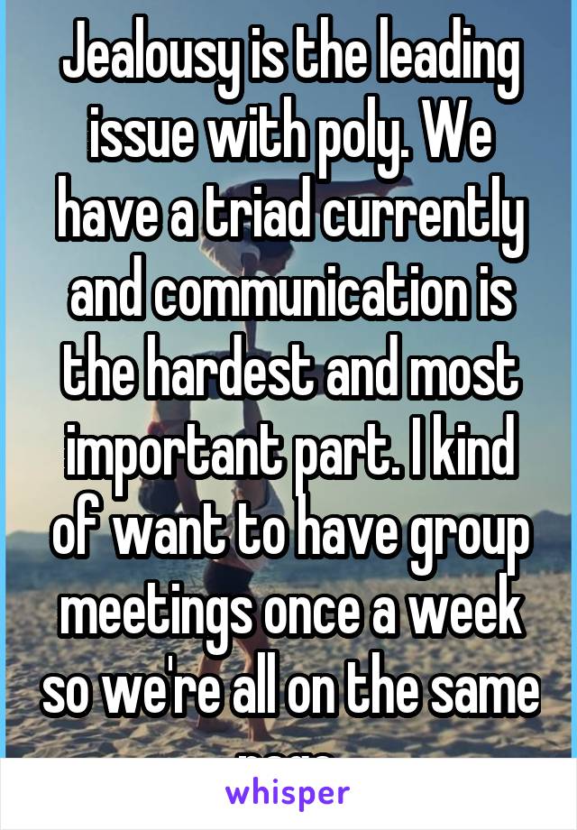 Jealousy is the leading issue with poly. We have a triad currently and communication is the hardest and most important part. I kind of want to have group meetings once a week so we're all on the same page.