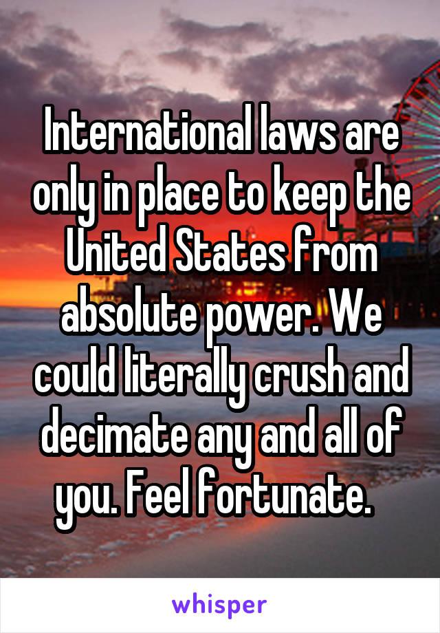 International laws are only in place to keep the United States from absolute power. We could literally crush and decimate any and all of you. Feel fortunate.  