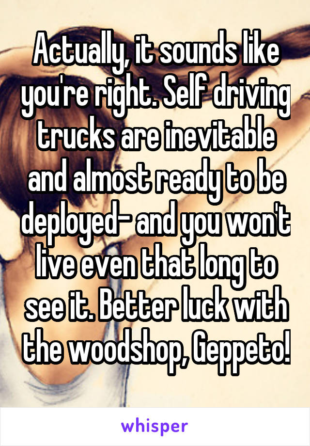 Actually, it sounds like you're right. Self driving trucks are inevitable and almost ready to be deployed- and you won't live even that long to see it. Better luck with the woodshop, Geppeto! 