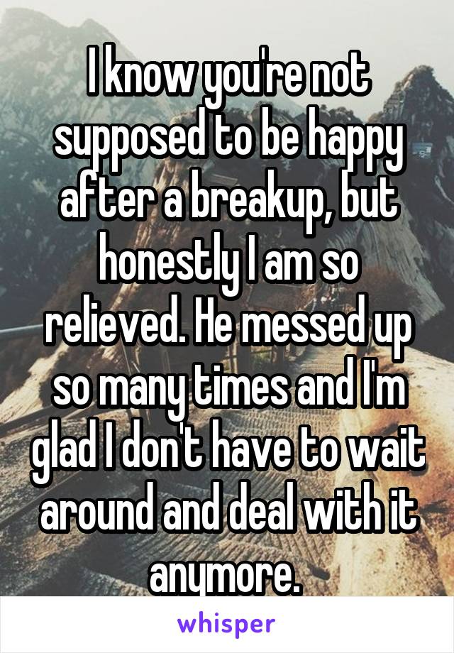 I know you're not supposed to be happy after a breakup, but honestly I am so relieved. He messed up so many times and I'm glad I don't have to wait around and deal with it anymore. 