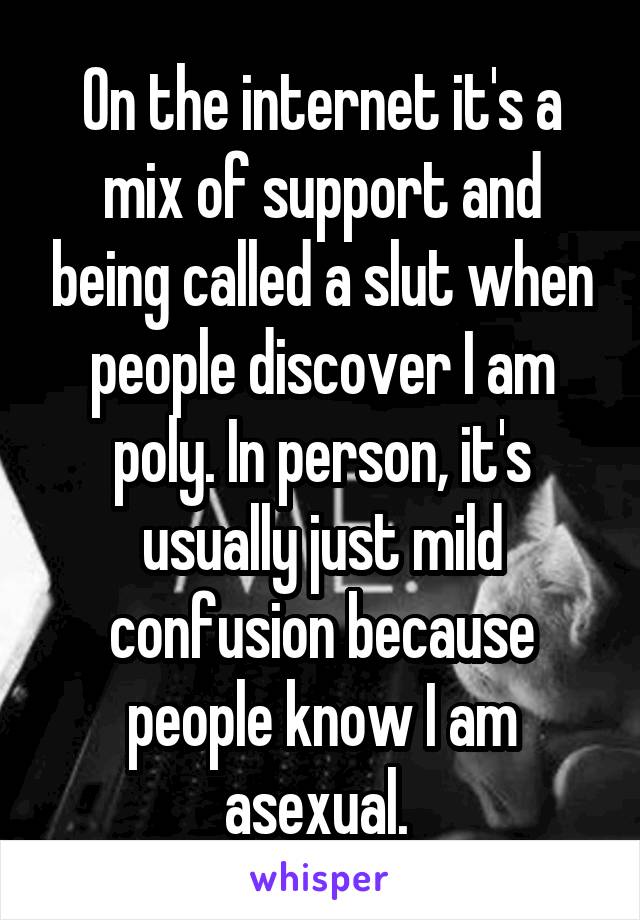 On the internet it's a mix of support and being called a slut when people discover I am poly. In person, it's usually just mild confusion because people know I am asexual. 