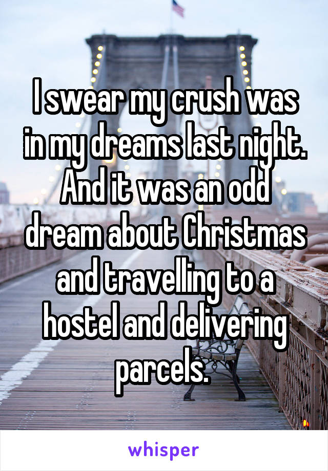 I swear my crush was in my dreams last night. And it was an odd dream about Christmas and travelling to a hostel and delivering parcels. 