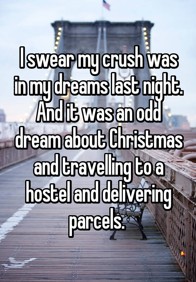 I swear my crush was in my dreams last night. And it was an odd dream about Christmas and travelling to a hostel and delivering parcels. 