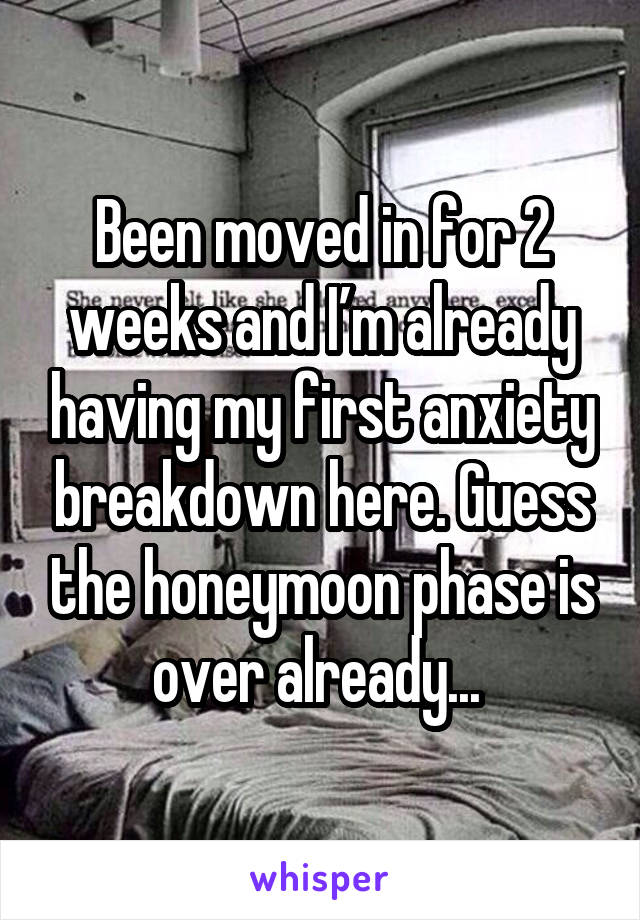 Been moved in for 2 weeks and I’m already having my first anxiety breakdown here. Guess the honeymoon phase is over already... 