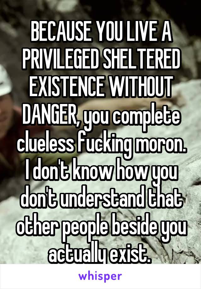 BECAUSE YOU LIVE A PRIVILEGED SHELTERED EXISTENCE WITHOUT DANGER, you complete clueless fucking moron. I don't know how you don't understand that other people beside you actually exist. 