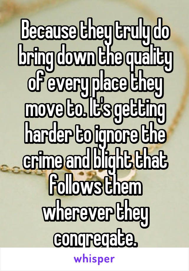 Because they truly do bring down the quality of every place they move to. It's getting harder to ignore the crime and blight that follows them wherever they congregate.