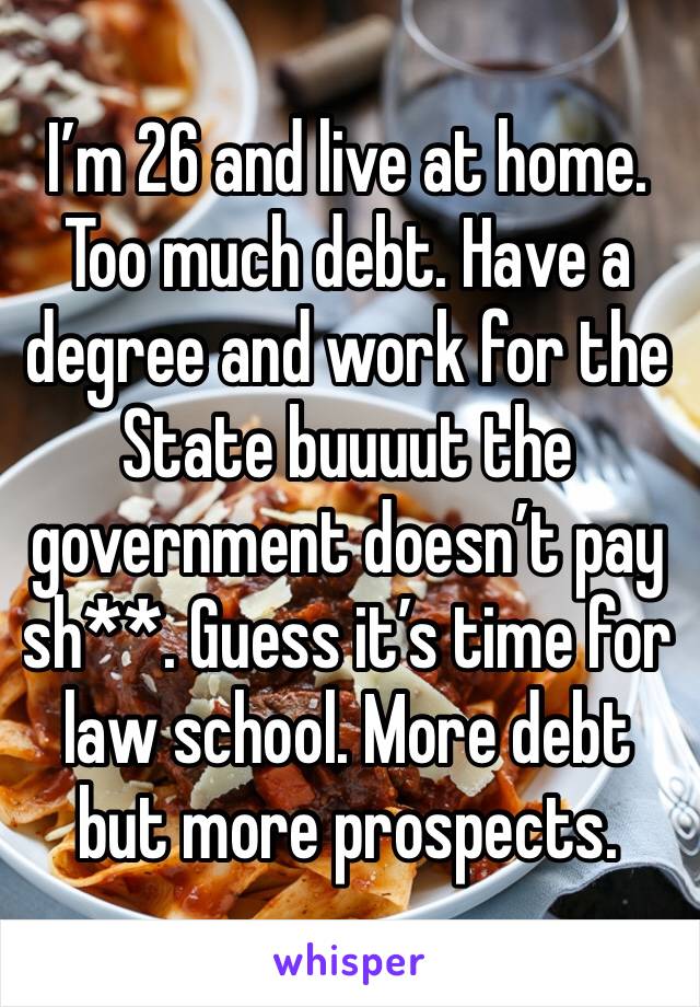 I’m 26 and live at home. Too much debt. Have a degree and work for the State buuuut the government doesn’t pay sh**. Guess it’s time for law school. More debt but more prospects. 