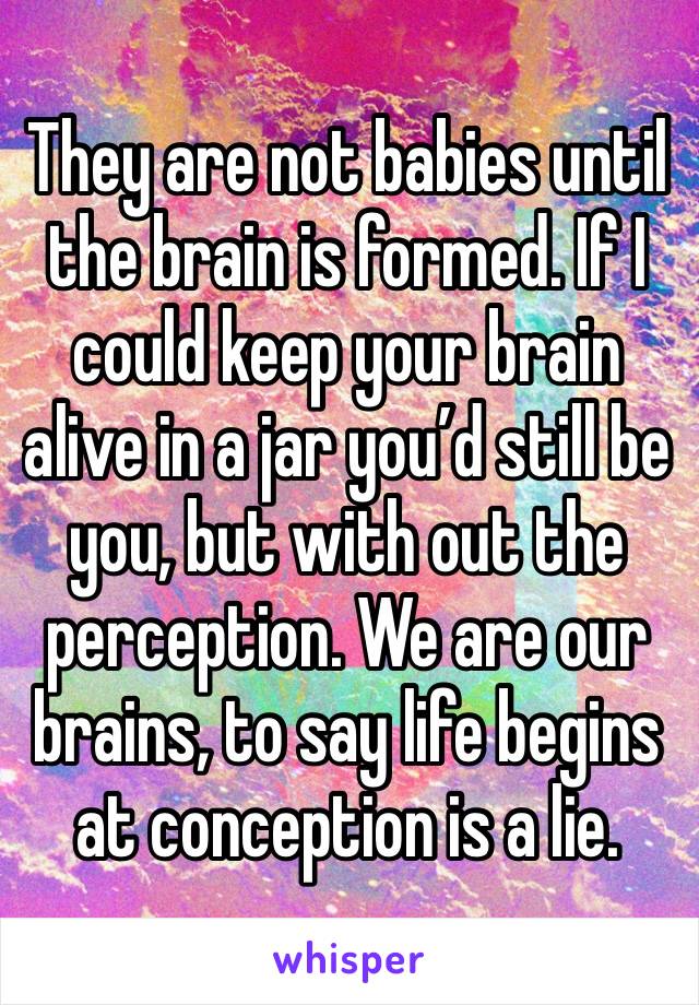 They are not babies until the brain is formed. If I could keep your brain alive in a jar you’d still be you, but with out the perception. We are our brains, to say life begins at conception is a lie.