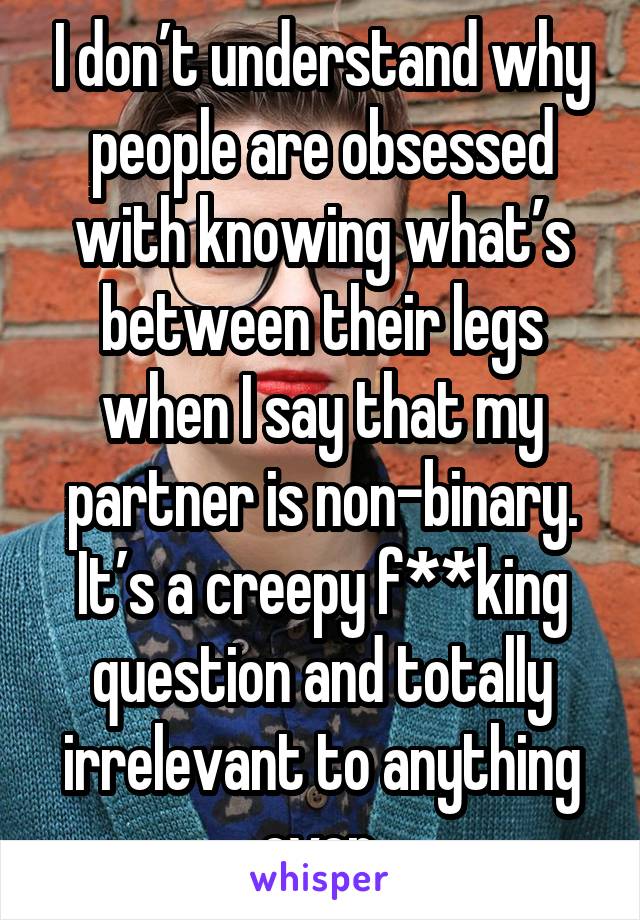 I don’t understand why people are obsessed with knowing what’s between their legs when I say that my partner is non-binary. It’s a creepy f**king question and totally irrelevant to anything ever.