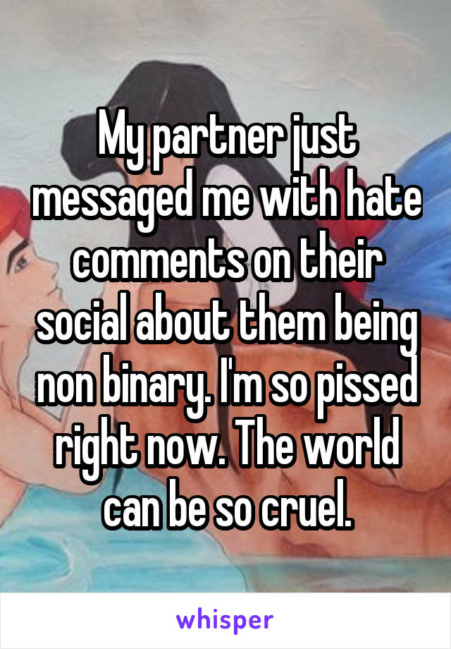 My partner just messaged me with hate comments on their social about them being non binary. I'm so pissed right now. The world can be so cruel.