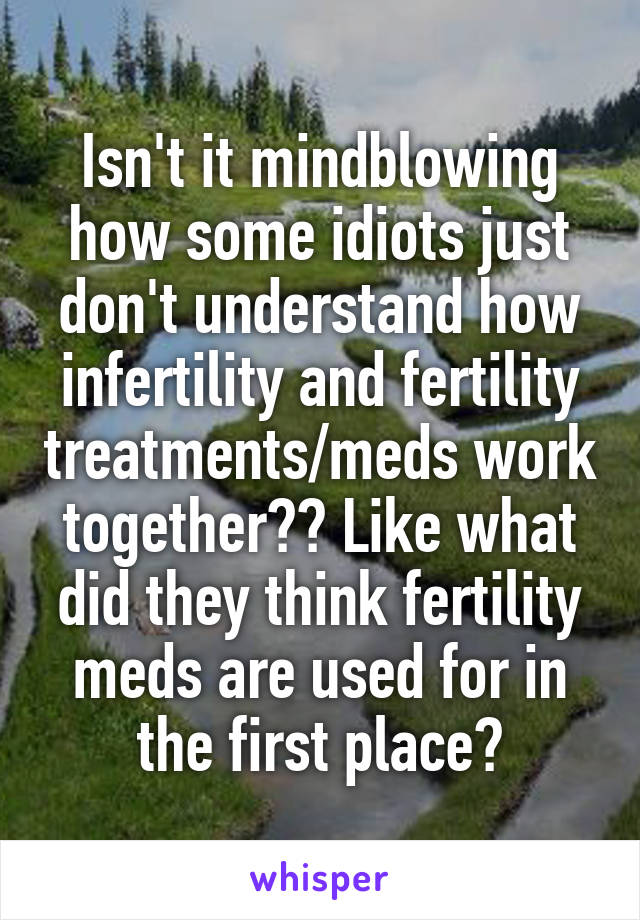 Isn't it mindblowing how some idiots just don't understand how infertility and fertility treatments/meds work together?? Like what did they think fertility meds are used for in the first place?