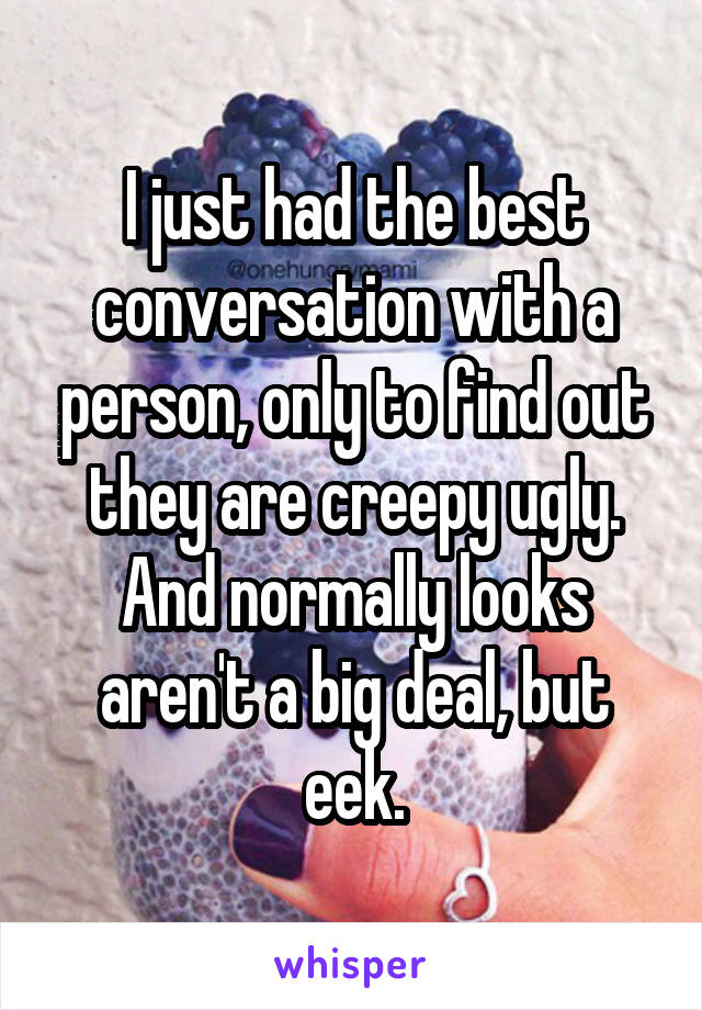 I just had the best conversation with a person, only to find out they are creepy ugly. And normally looks aren't a big deal, but eek.