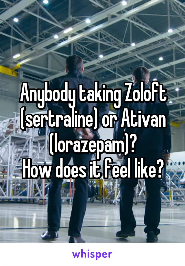 Anybody taking Zoloft (sertraline) or Ativan (lorazepam)?
How does it feel like?