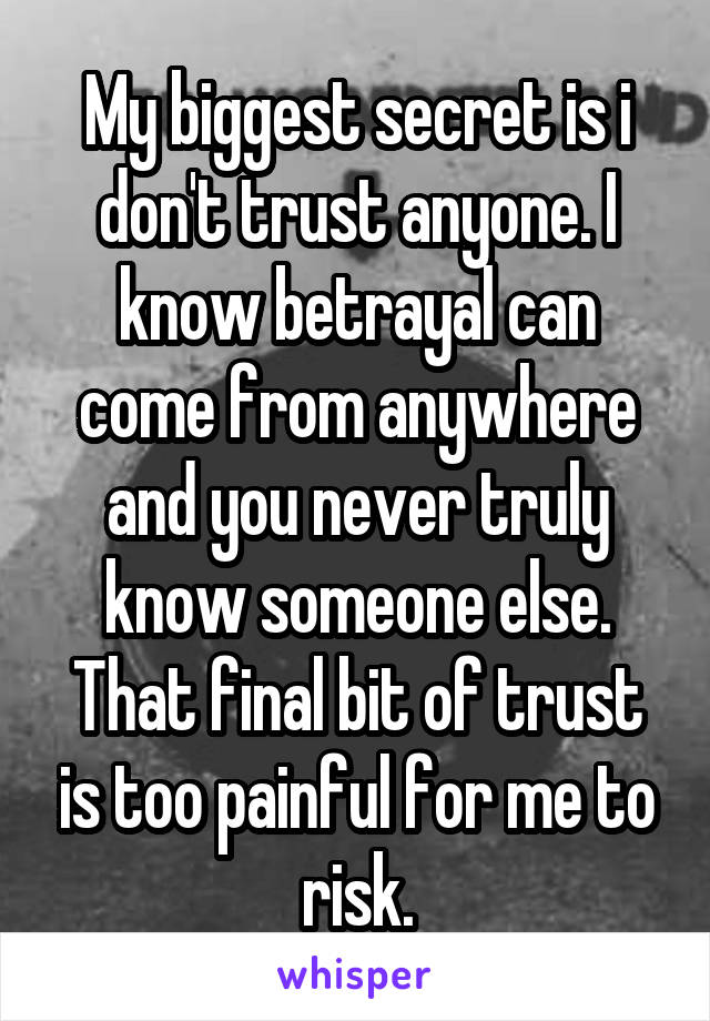 My biggest secret is i don't trust anyone. I know betrayal can come from anywhere and you never truly know someone else. That final bit of trust is too painful for me to risk.