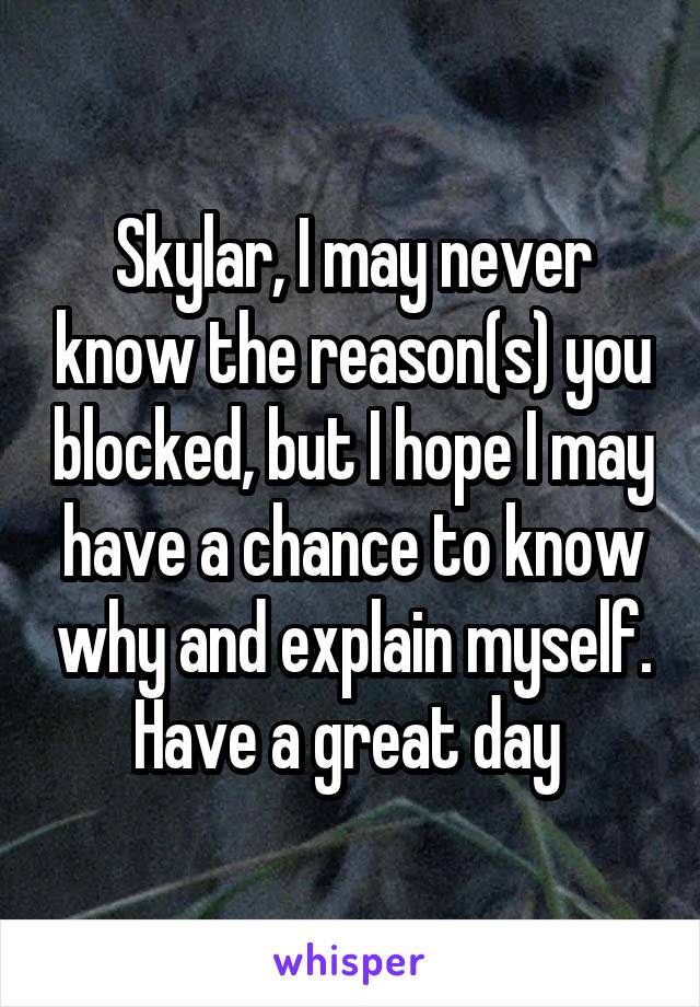 Skylar, I may never know the reason(s) you blocked, but I hope I may have a chance to know why and explain myself. Have a great day 